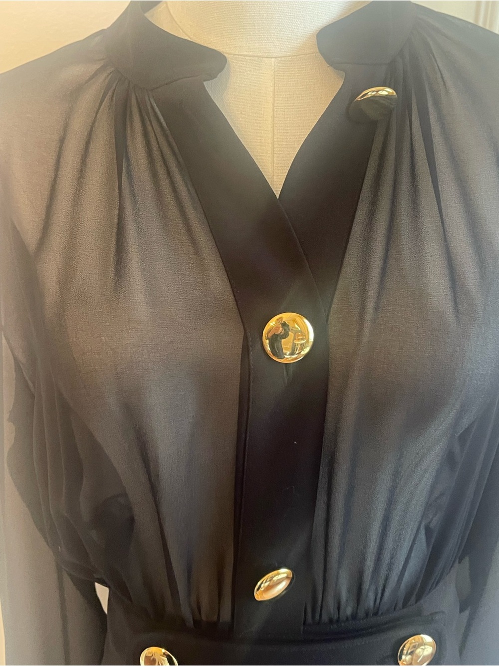 Seventy Venezia Black Sheer top Long-Sleeve Midi Dress with Gold Buttons